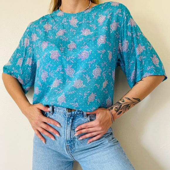 Vintage royal silk turquoise floral print polka dot blouse top - Picture 6 of 10